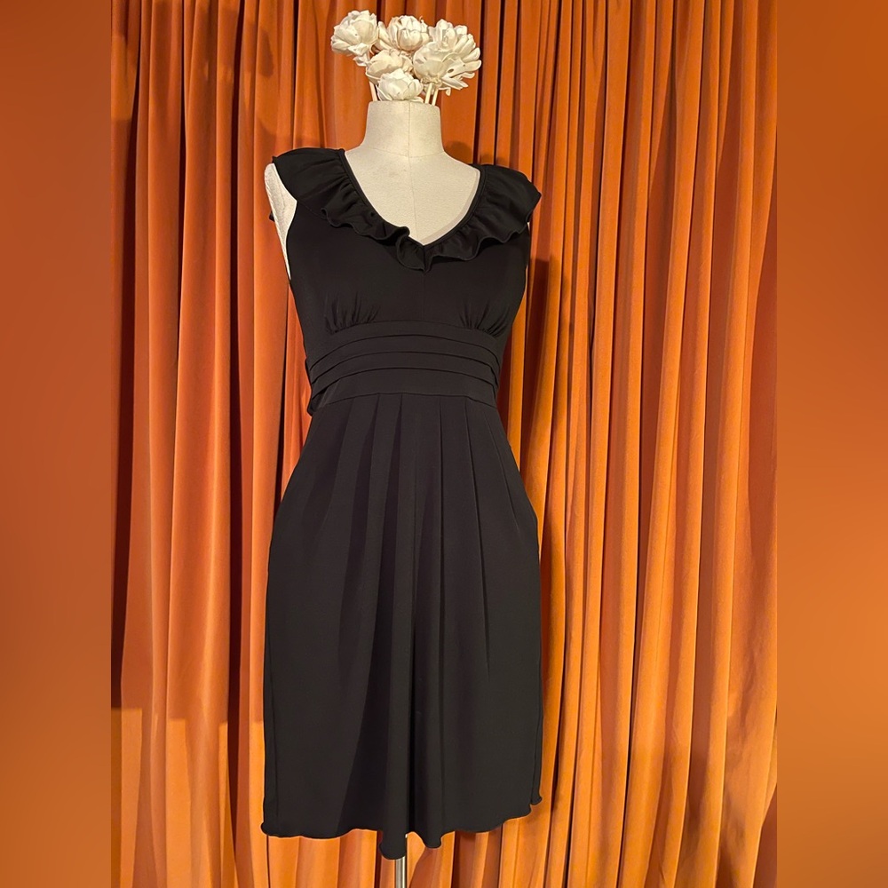 Vintage BCX Black Midi Dress with Ruffle Neckline Pockets
